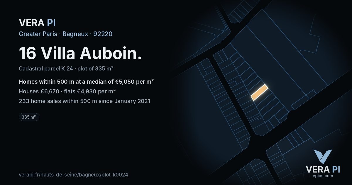 16 Villa Auboin, Bagneux at night – the plot lit, the parcels around coloured by the prices near them