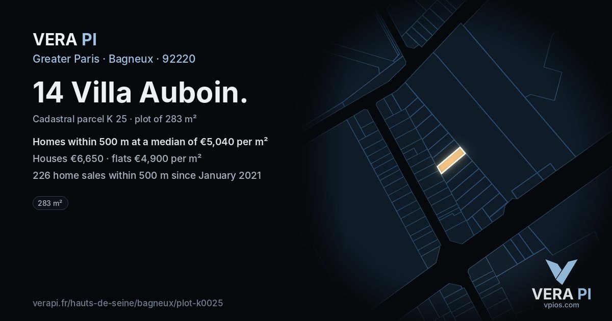 14 Villa Auboin, Bagneux at night – the plot lit, the parcels around coloured by the prices near them