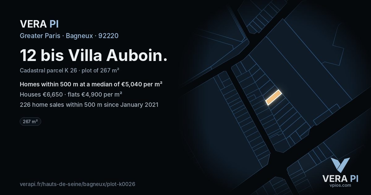 12 bis Villa Auboin, Bagneux at night – the plot lit, the parcels around coloured by the prices near them