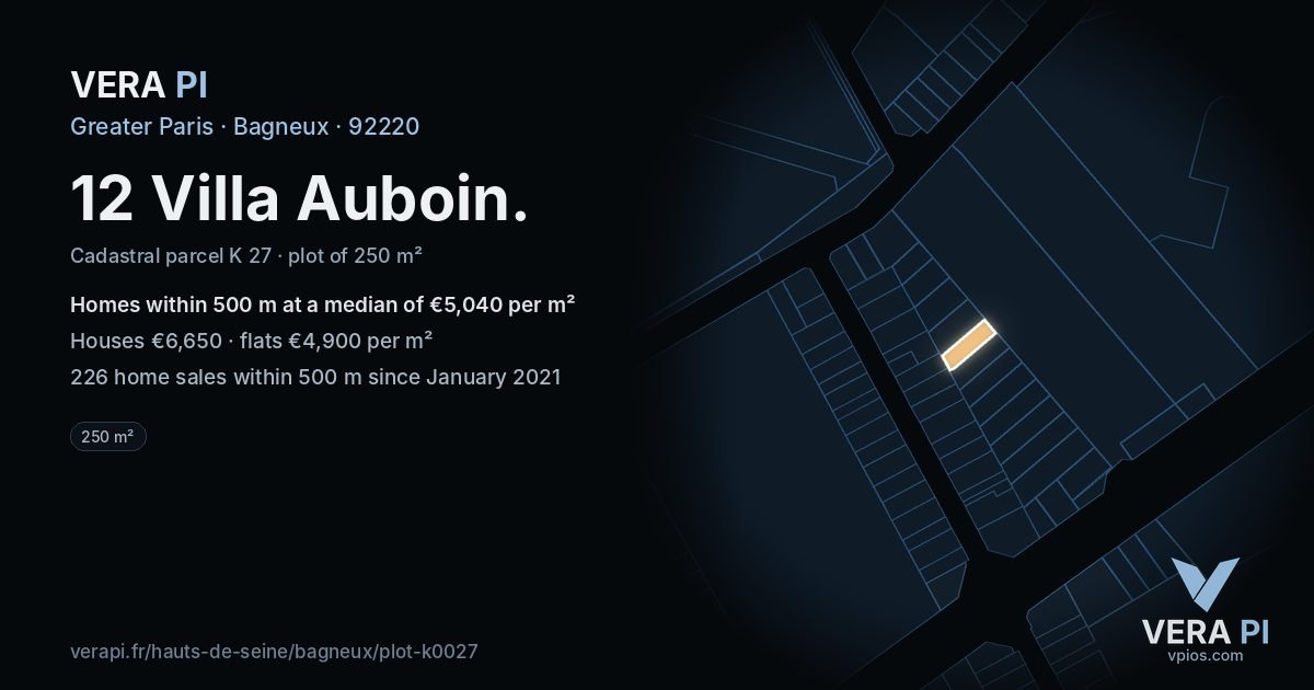 12 Villa Auboin, Bagneux at night – the plot lit, the parcels around coloured by the prices near them
