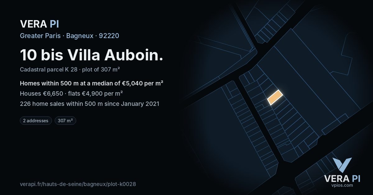10 bis Villa Auboin, Bagneux at night – the plot lit, the parcels around coloured by the prices near them