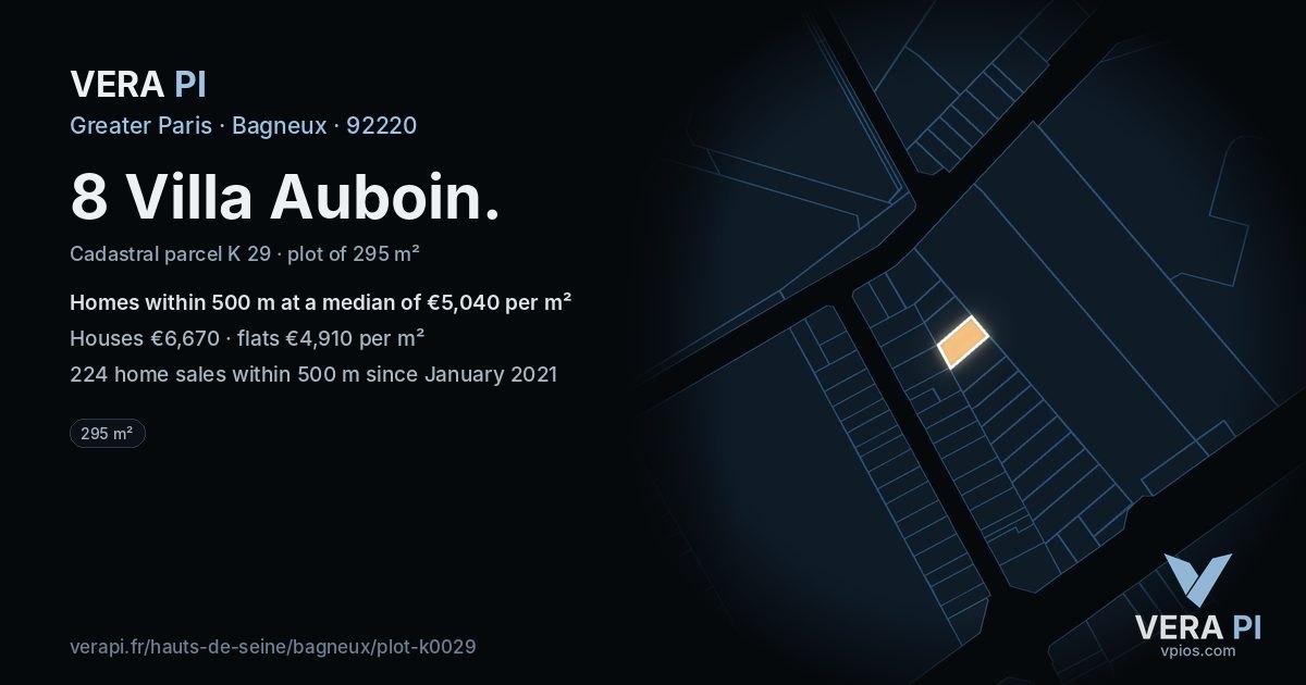 8 Villa Auboin, Bagneux at night – the plot lit, the parcels around coloured by the prices near them