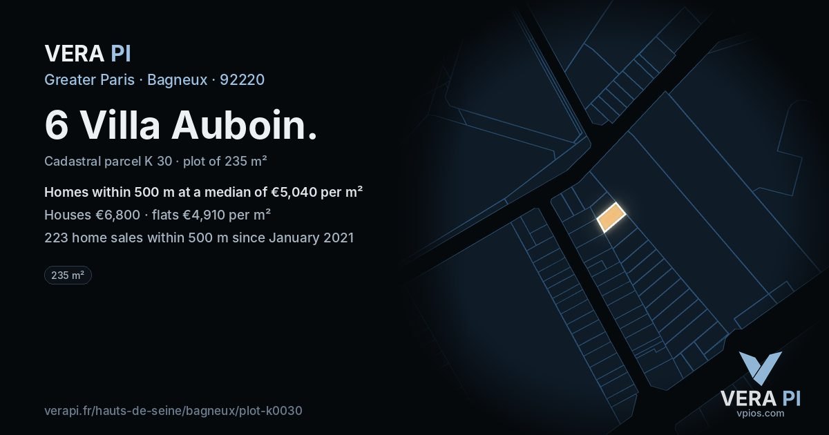 6 Villa Auboin, Bagneux at night – the plot lit, the parcels around coloured by the prices near them