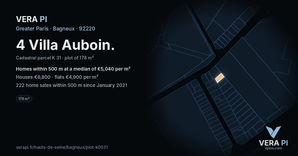 4 Villa Auboin, Bagneux at night – the plot lit, the parcels around coloured by the prices near them