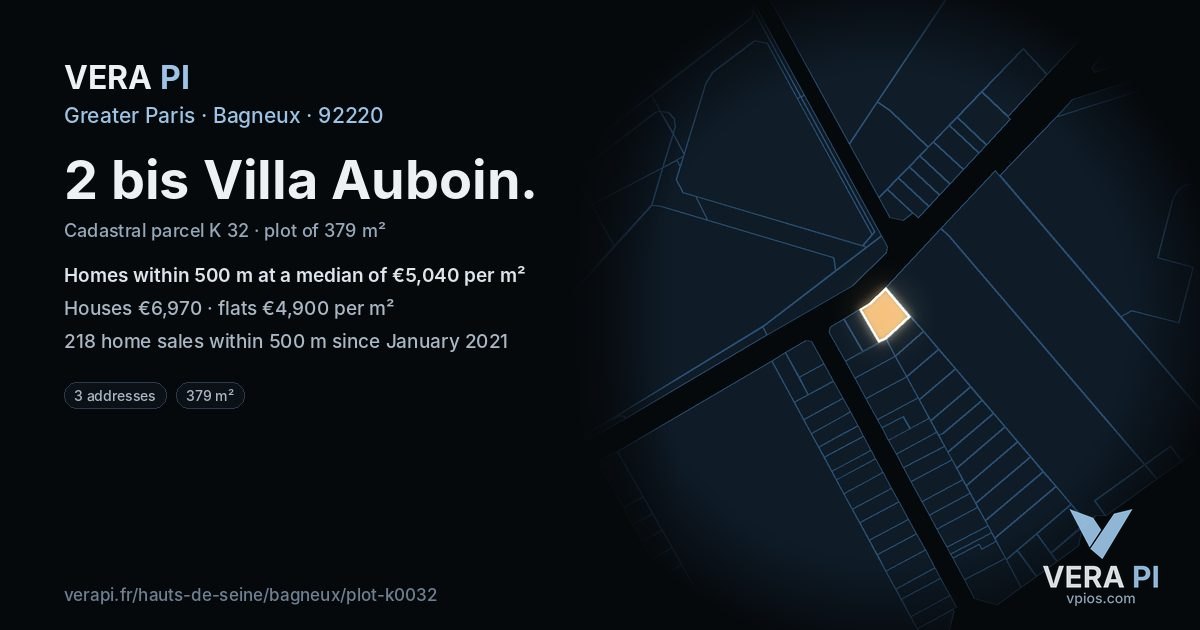 2 bis Villa Auboin, Bagneux at night – the plot lit, the parcels around coloured by the prices near them