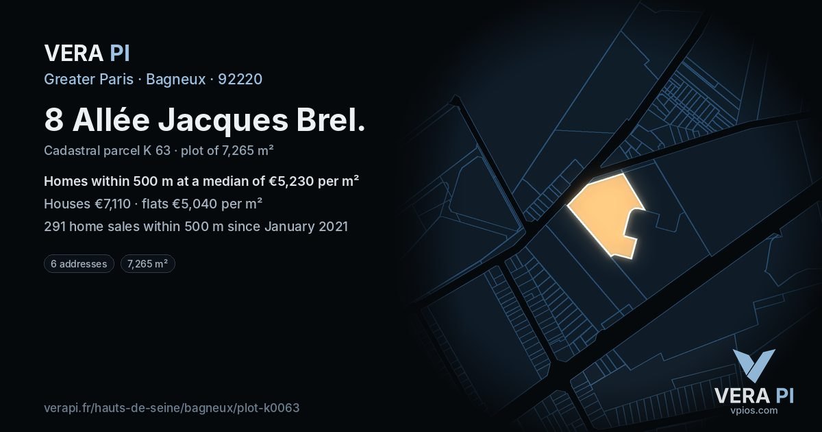 8 Allée Jacques Brel, Bagneux at night – the plot lit, the parcels around coloured by the prices near them