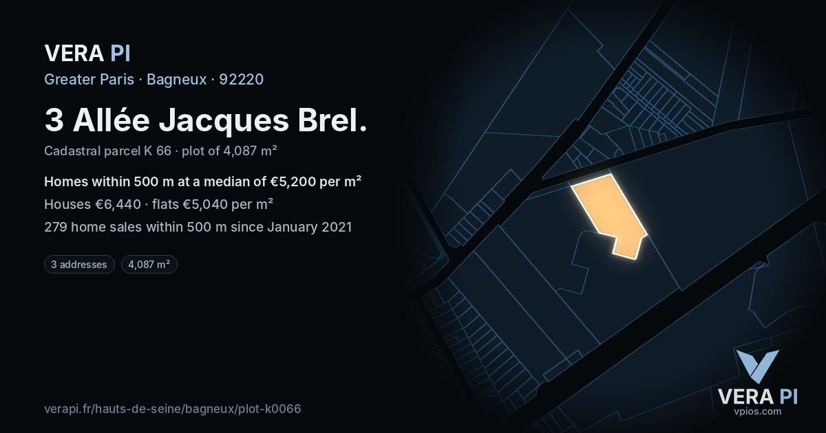 3 Allée Jacques Brel, Bagneux at night – the plot lit, the parcels around coloured by the prices near them
