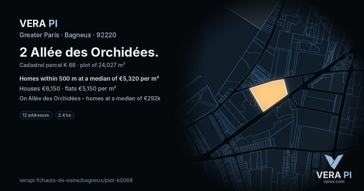 2 Allée des Orchidées, Bagneux at night – the plot lit, the parcels around coloured by the prices near them