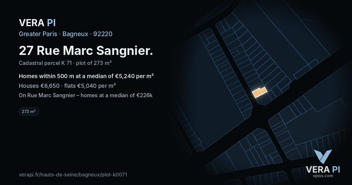 27 Rue Marc Sangnier, Bagneux at night – the plot lit, the parcels around coloured by the prices near them