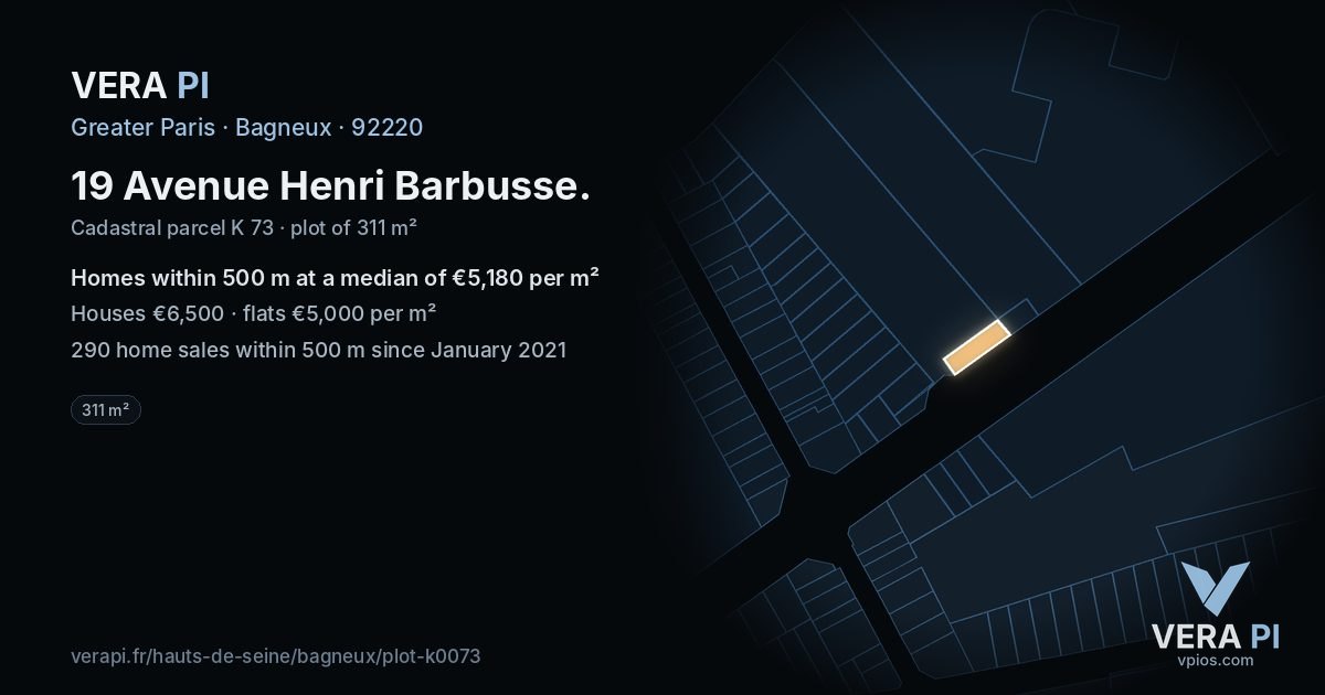 19 Avenue Henri Barbusse, Bagneux at night – the plot lit, the parcels around coloured by the prices near them