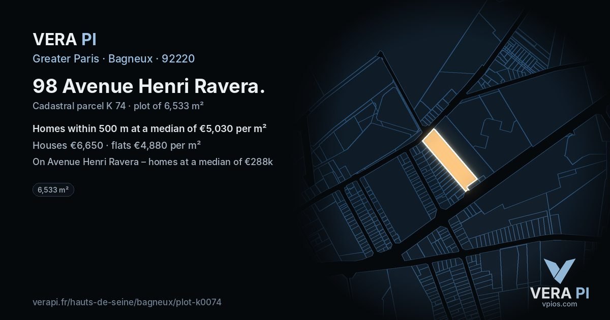 98 Avenue Henri Ravera, Bagneux at night – the plot lit, the parcels around coloured by the prices near them