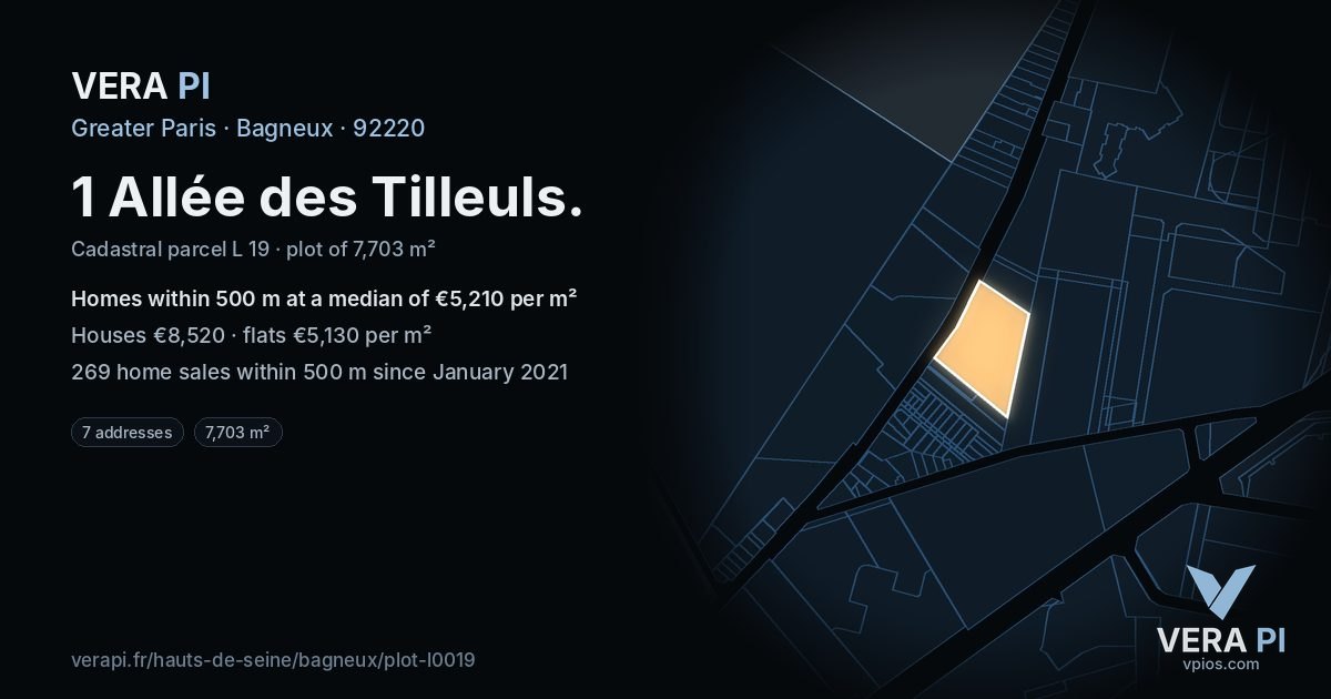 1 Allée des Tilleuls, Bagneux at night – the plot lit, the parcels around coloured by the prices near them