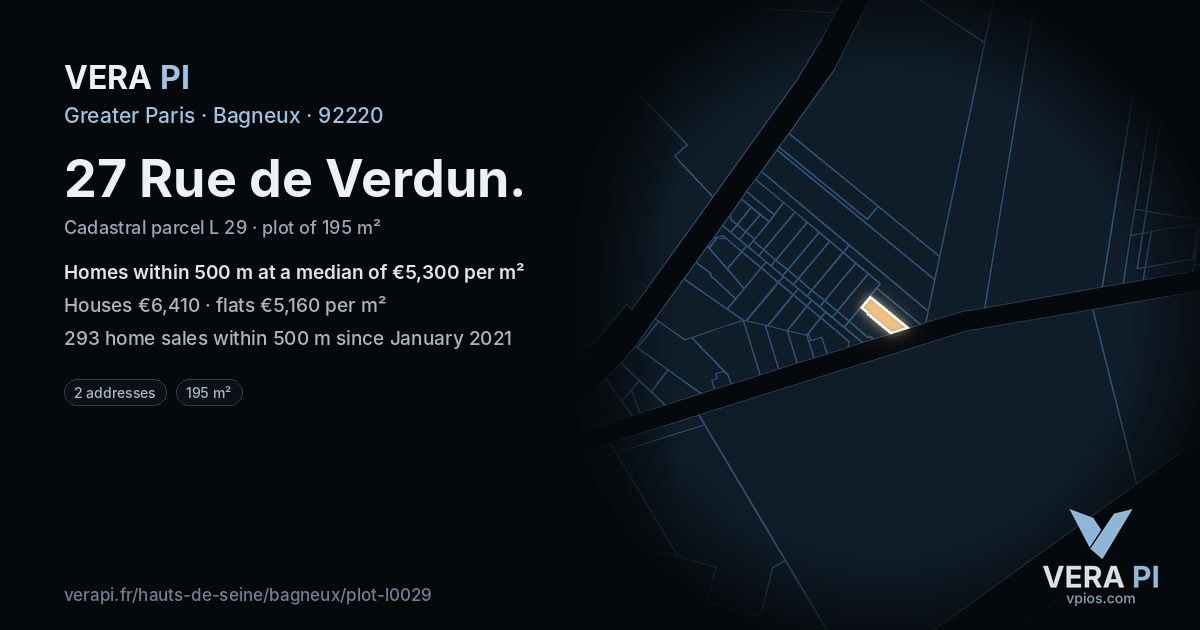 27 Rue de Verdun, Bagneux at night – the plot lit, the parcels around coloured by the prices near them