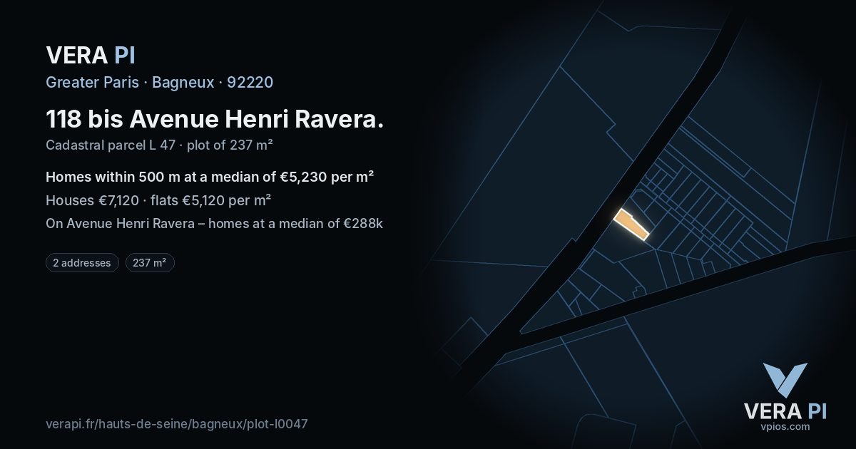 118 bis Avenue Henri Ravera, Bagneux at night – the plot lit, the parcels around coloured by the prices near them