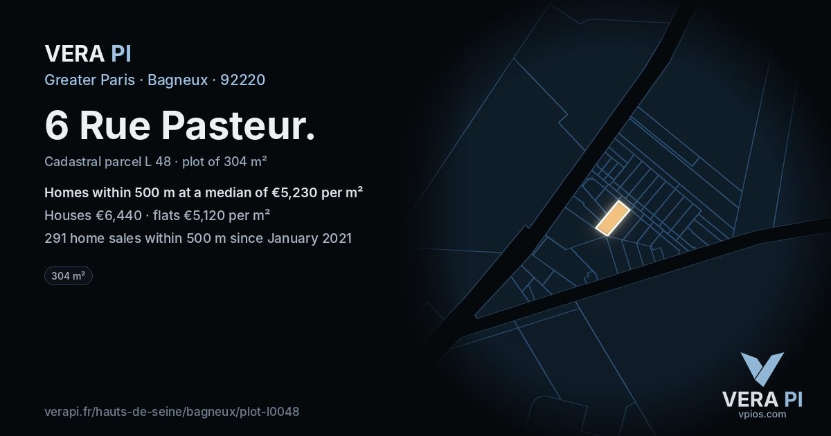 6 Rue Pasteur, Bagneux at night – the plot lit, the parcels around coloured by the prices near them