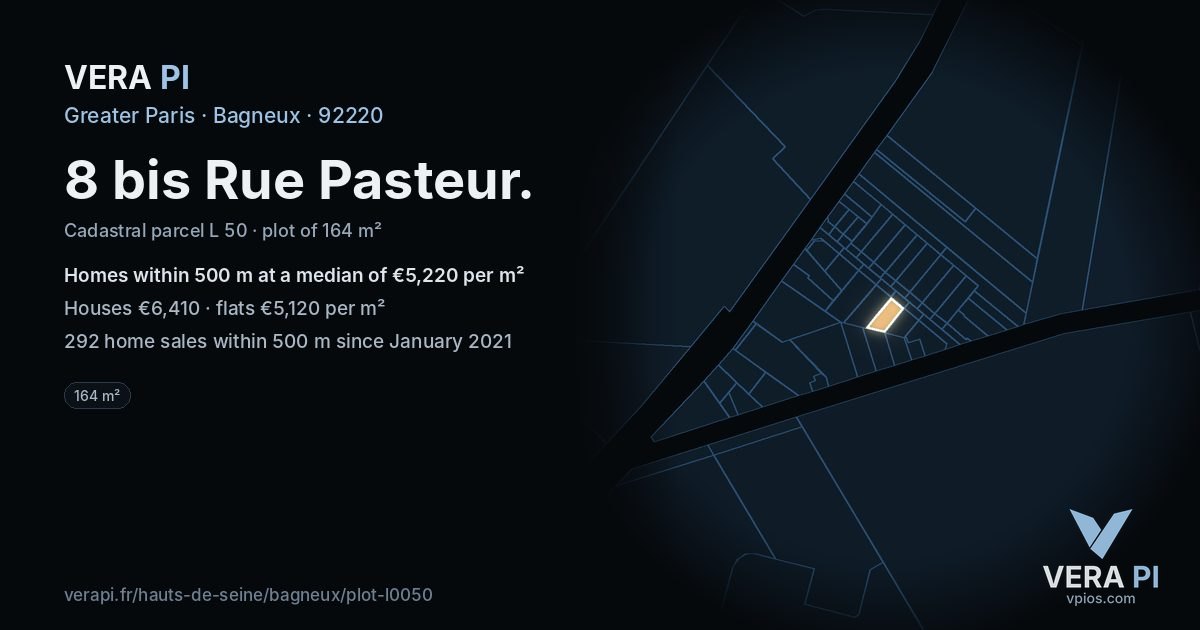 8 bis Rue Pasteur, Bagneux at night – the plot lit, the parcels around coloured by the prices near them