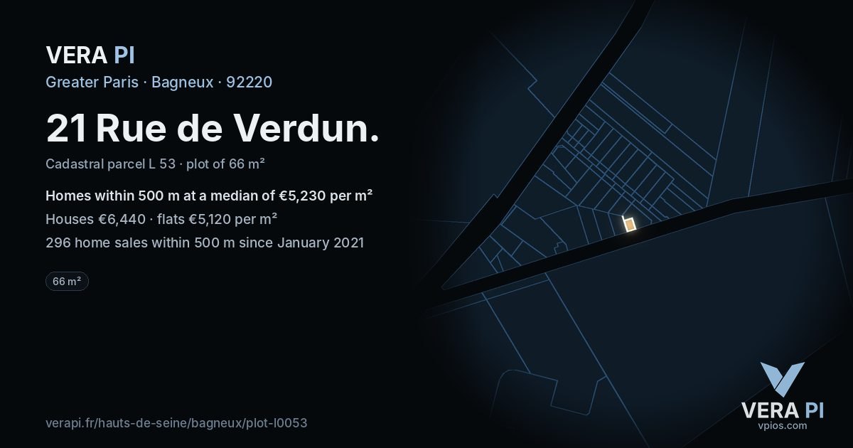 21 Rue de Verdun, Bagneux at night – the plot lit, the parcels around coloured by the prices near them