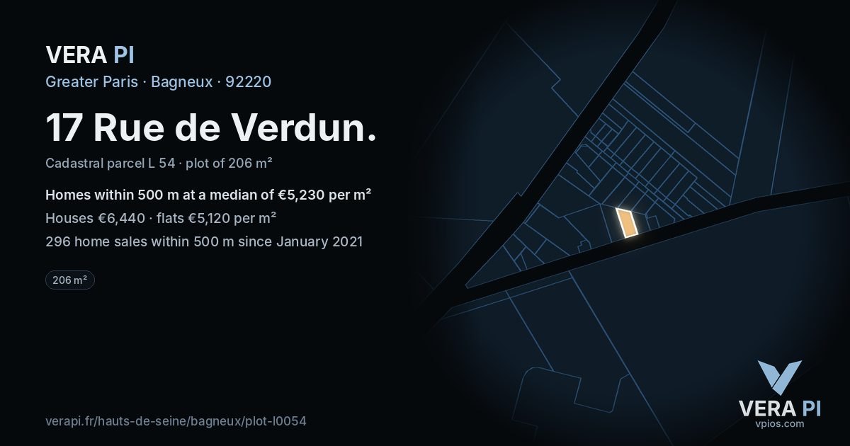 17 Rue de Verdun, Bagneux at night – the plot lit, the parcels around coloured by the prices near them