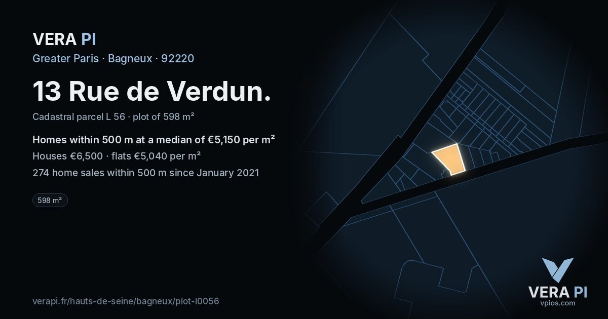 13 Rue de Verdun, Bagneux at night – the plot lit, the parcels around coloured by the prices near them