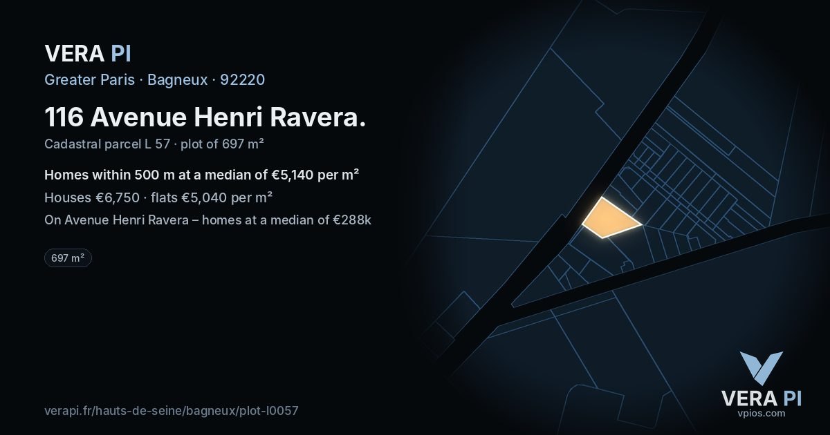 116 Avenue Henri Ravera, Bagneux at night – the plot lit, the parcels around coloured by the prices near them