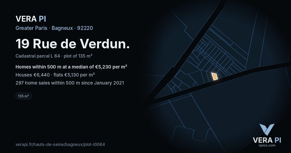 19 Rue de Verdun, Bagneux at night – the plot lit, the parcels around coloured by the prices near them