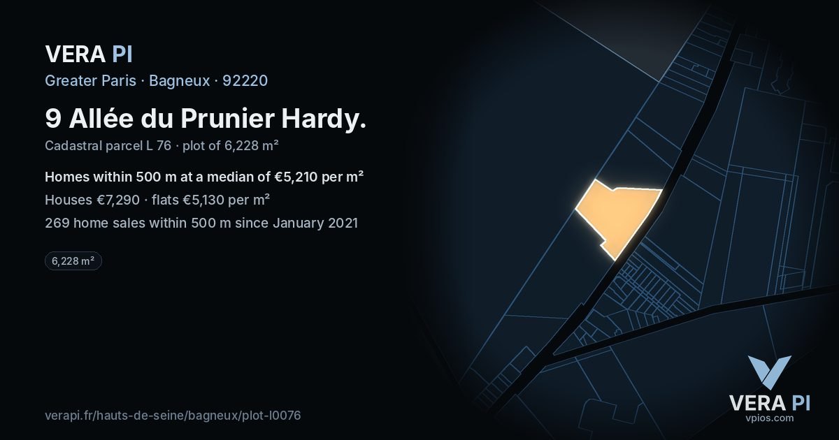 9 Allée du Prunier Hardy, Bagneux at night – the plot lit, the parcels around coloured by the prices near them