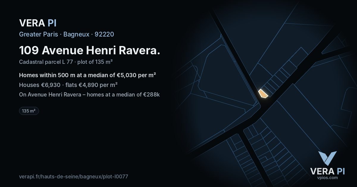 109 Avenue Henri Ravera, Bagneux at night – the plot lit, the parcels around coloured by the prices near them