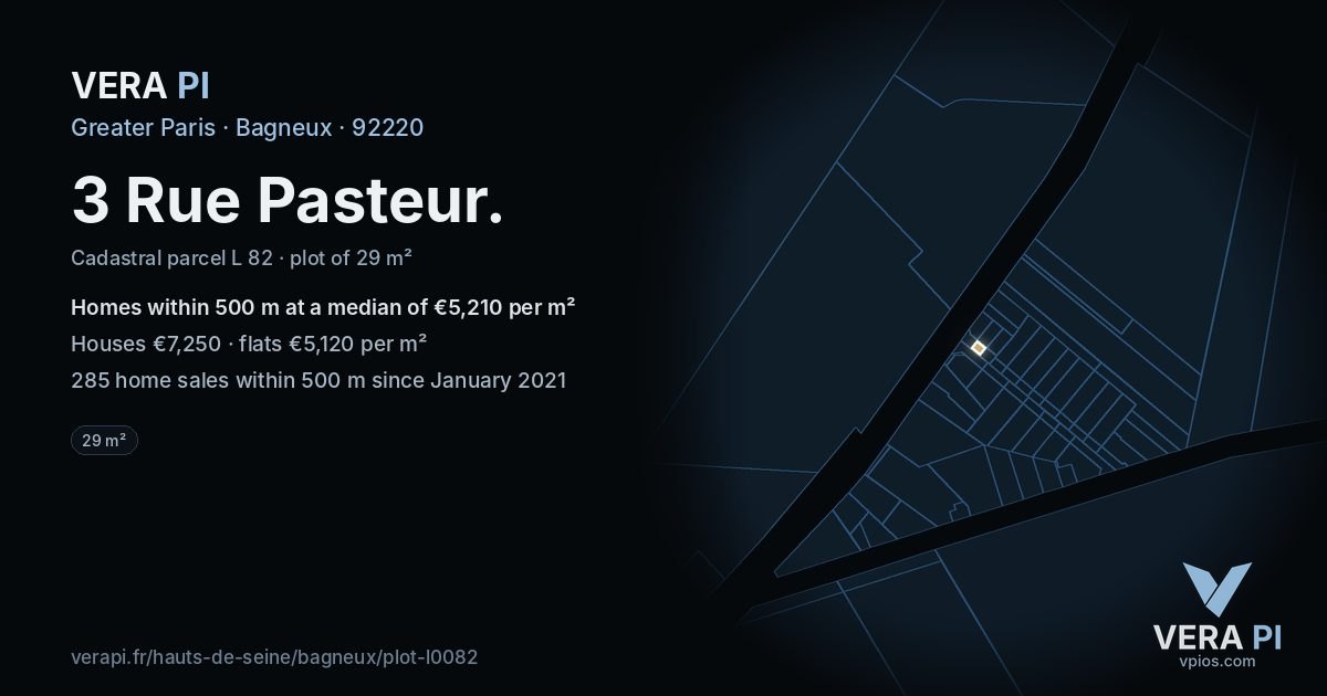 3 Rue Pasteur, Bagneux at night – the plot lit, the parcels around coloured by the prices near them