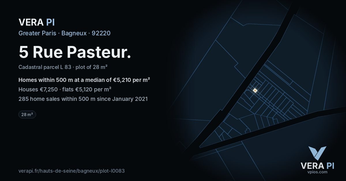 5 Rue Pasteur, Bagneux at night – the plot lit, the parcels around coloured by the prices near them