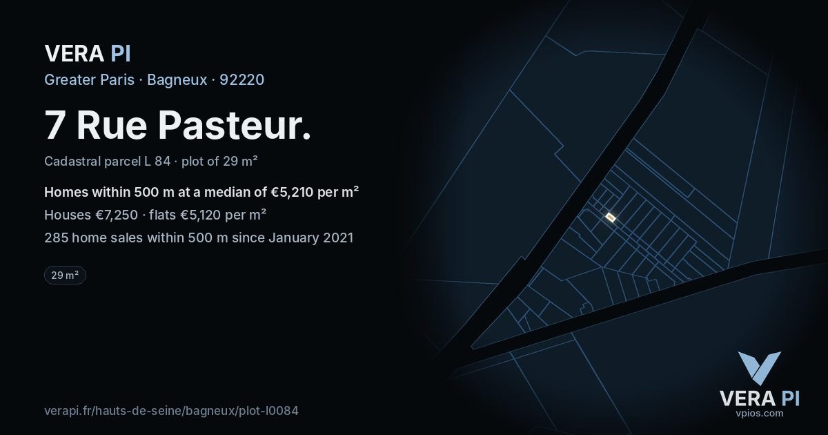 7 Rue Pasteur, Bagneux at night – the plot lit, the parcels around coloured by the prices near them