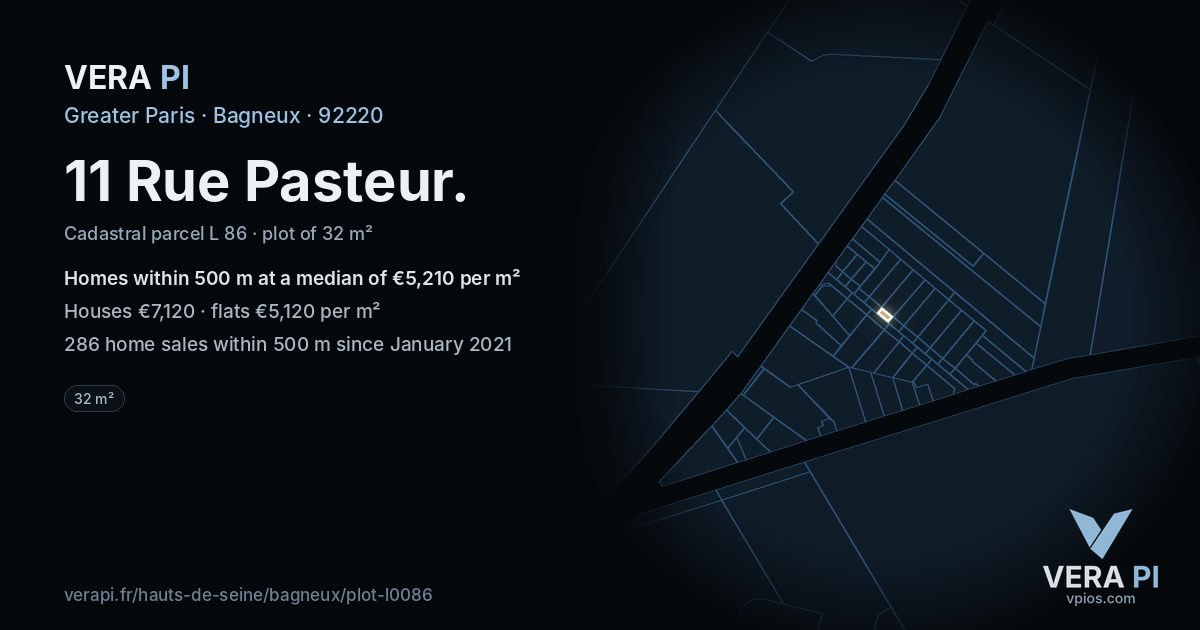 11 Rue Pasteur, Bagneux at night – the plot lit, the parcels around coloured by the prices near them