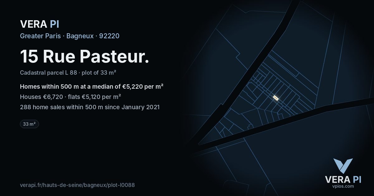15 Rue Pasteur, Bagneux at night – the plot lit, the parcels around coloured by the prices near them