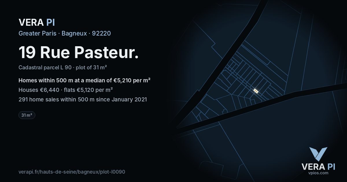 19 Rue Pasteur, Bagneux at night – the plot lit, the parcels around coloured by the prices near them