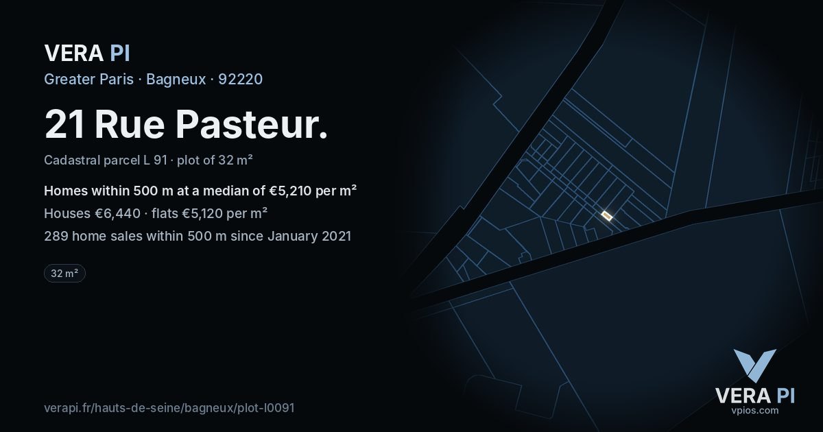 21 Rue Pasteur, Bagneux at night – the plot lit, the parcels around coloured by the prices near them