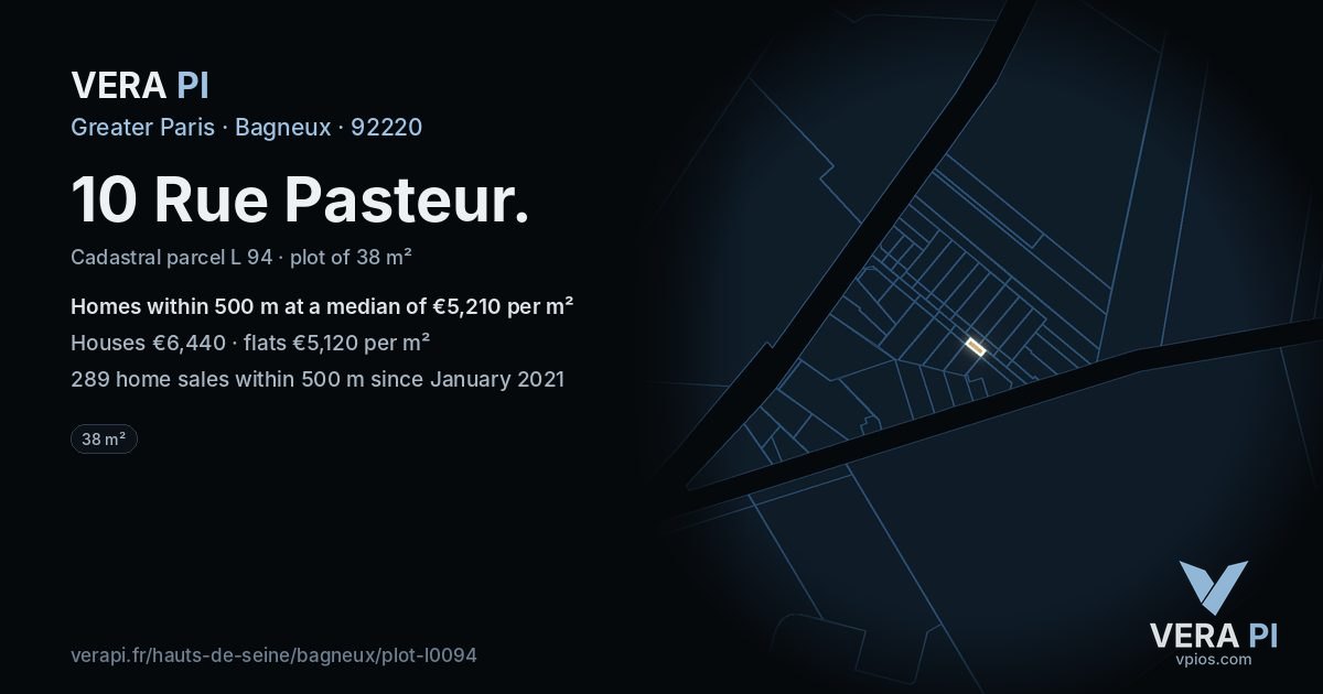 10 Rue Pasteur, Bagneux at night – the plot lit, the parcels around coloured by the prices near them
