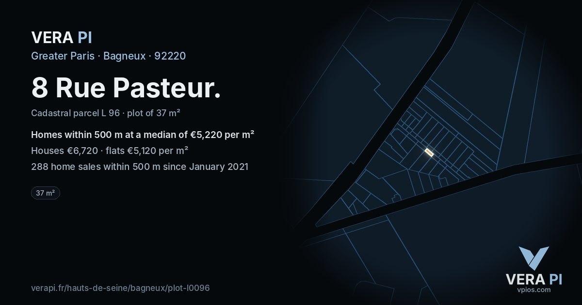 8 Rue Pasteur, Bagneux at night – the plot lit, the parcels around coloured by the prices near them