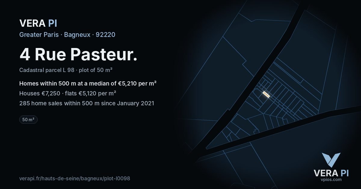 4 Rue Pasteur, Bagneux at night – the plot lit, the parcels around coloured by the prices near them