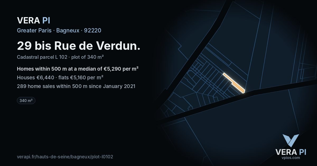 29 bis Rue de Verdun, Bagneux at night – the plot lit, the parcels around coloured by the prices near them
