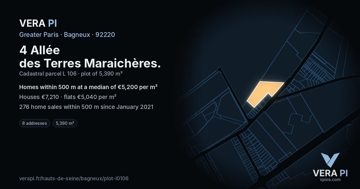 4 Allée des Terres Maraichères, Bagneux at night – the plot lit, the parcels around coloured by the prices near them