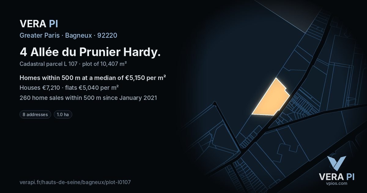 4 Allée du Prunier Hardy, Bagneux at night – the plot lit, the parcels around coloured by the prices near them