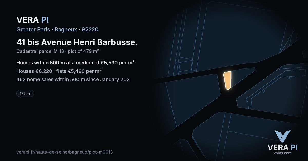 41 bis Avenue Henri Barbusse, Bagneux at night – the plot lit, the parcels around coloured by the prices near them
