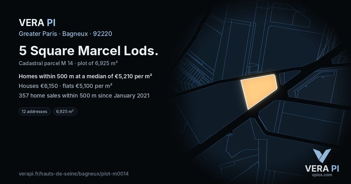 5 Square Marcel Lods, Bagneux at night – the plot lit, the parcels around coloured by the prices near them