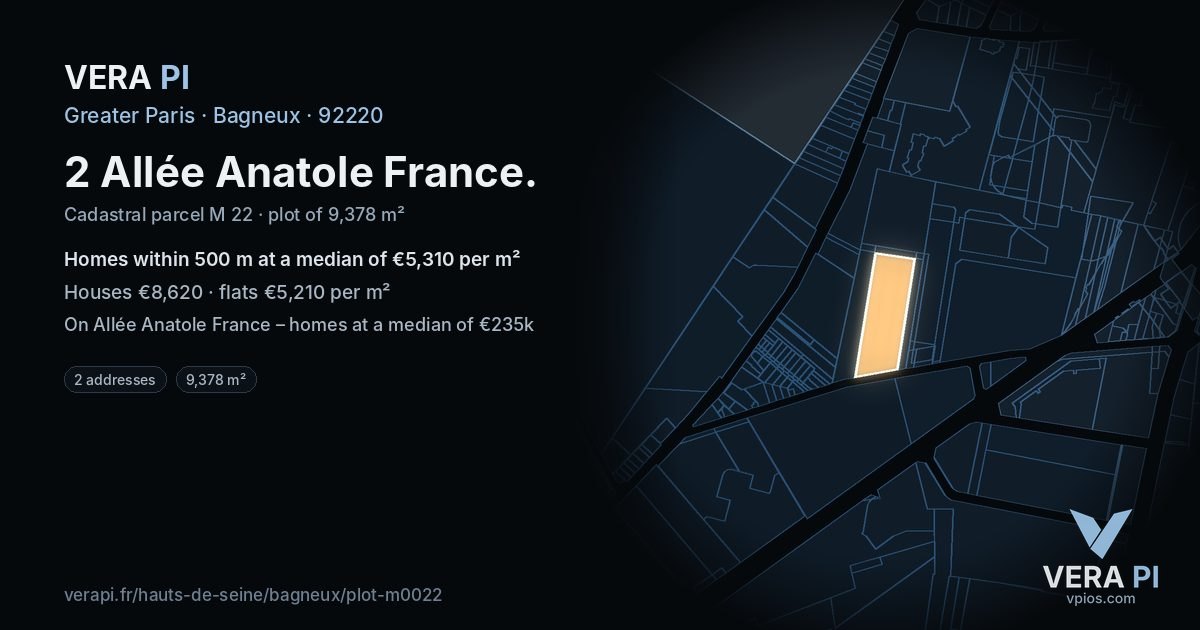 2 Allée Anatole France, Bagneux at night – the plot lit, the parcels around coloured by the prices near them