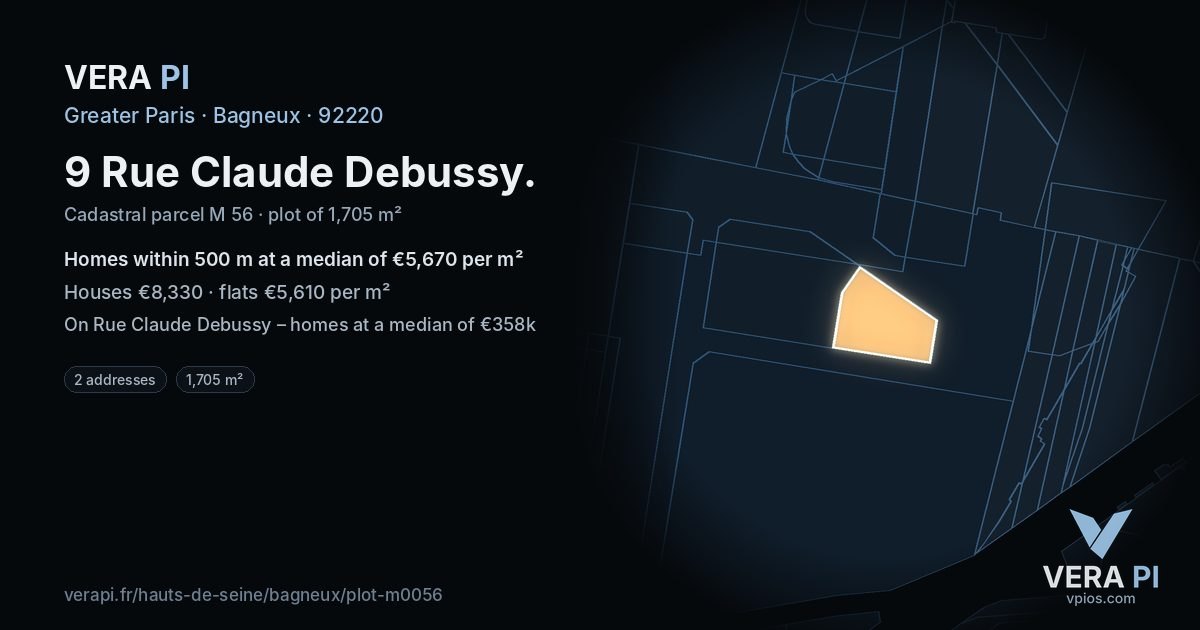 9 Rue Claude Debussy, Bagneux at night – the plot lit, the parcels around coloured by the prices near them