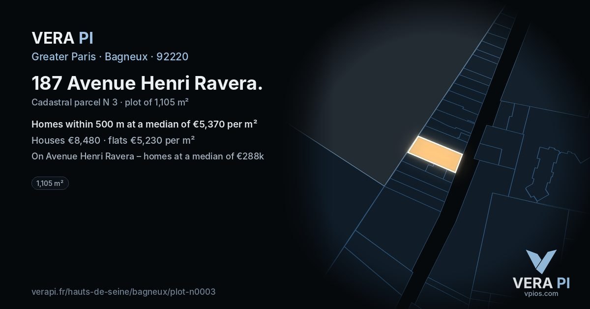 187 Avenue Henri Ravera, Bagneux at night – the plot lit, the parcels around coloured by the prices near them