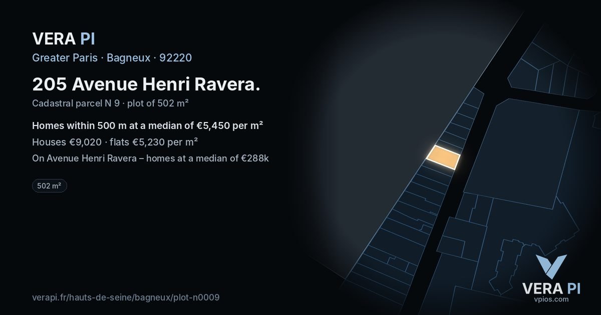 205 Avenue Henri Ravera, Bagneux at night – the plot lit, the parcels around coloured by the prices near them