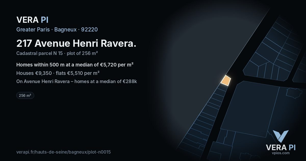 217 Avenue Henri Ravera, Bagneux at night – the plot lit, the parcels around coloured by the prices near them