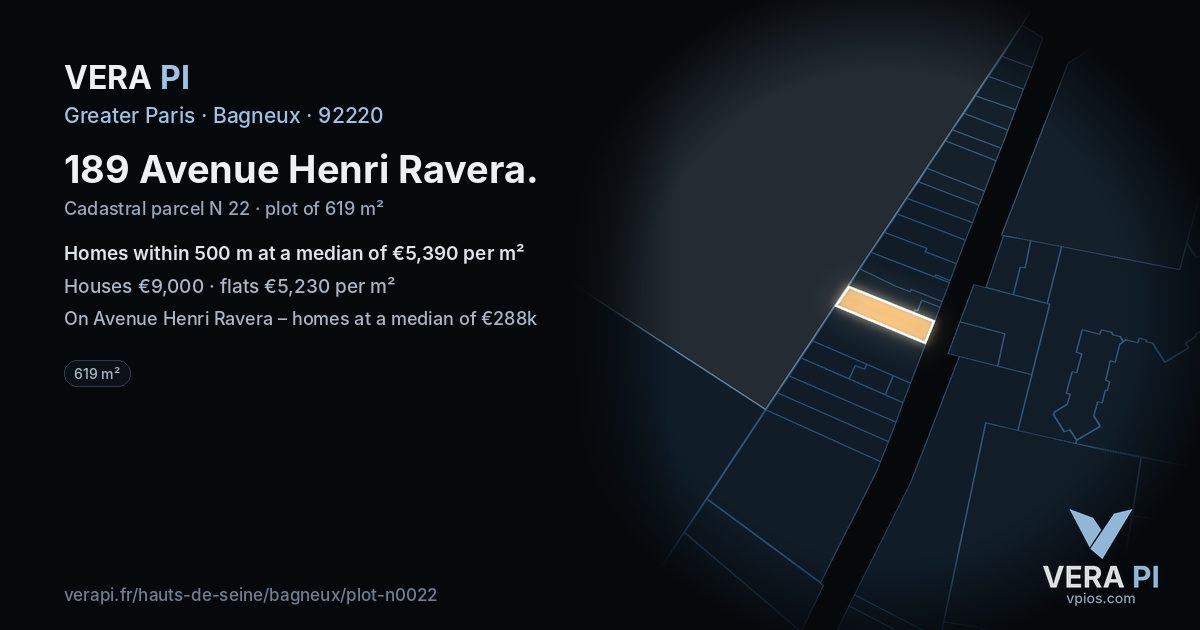 189 Avenue Henri Ravera, Bagneux at night – the plot lit, the parcels around coloured by the prices near them