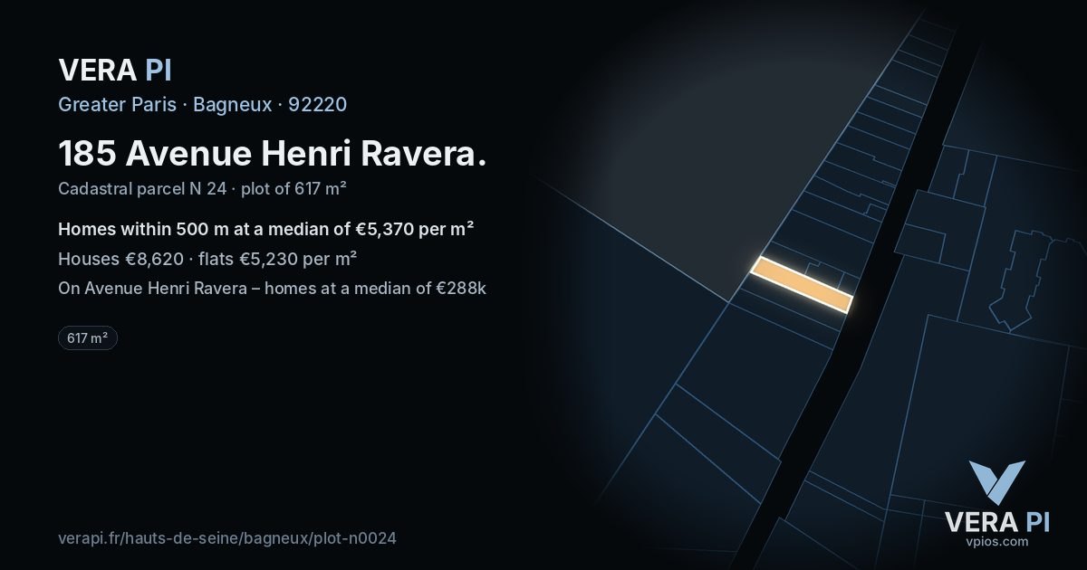 185 Avenue Henri Ravera, Bagneux at night – the plot lit, the parcels around coloured by the prices near them