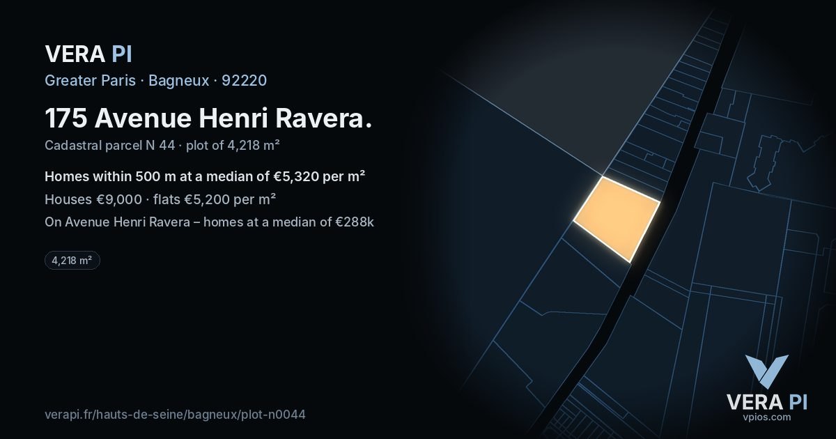 175 Avenue Henri Ravera, Bagneux at night – the plot lit, the parcels around coloured by the prices near them
